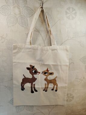 Embroidered Reindeer Shoulder Tote Bag in Cream- Rudolph & Clarice